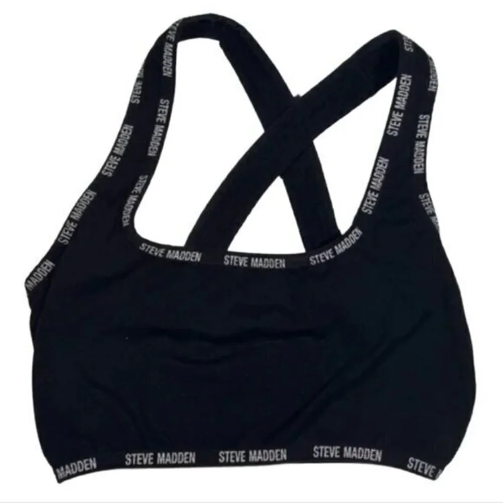 Steve Madden Unpadded Black Branded Strap Sports Bra